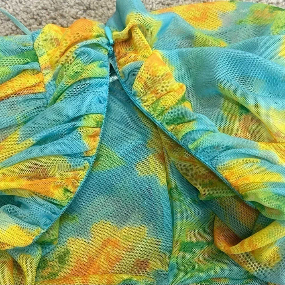 Zara blue yellow floral flower ruched strapless bandeau bustier crop top L NWT - Picture 9 of 15